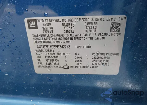 2015 GMC Sierra 1500 Sle from USA, damaged, VIN 3GTU2UEC5FG242728
